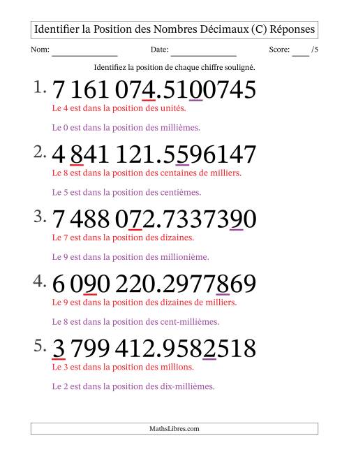 Identifier la position, des Nombres Décimaux de Dix-Millionième aux Millions (Gros Caractères), Format SI (C) page 2