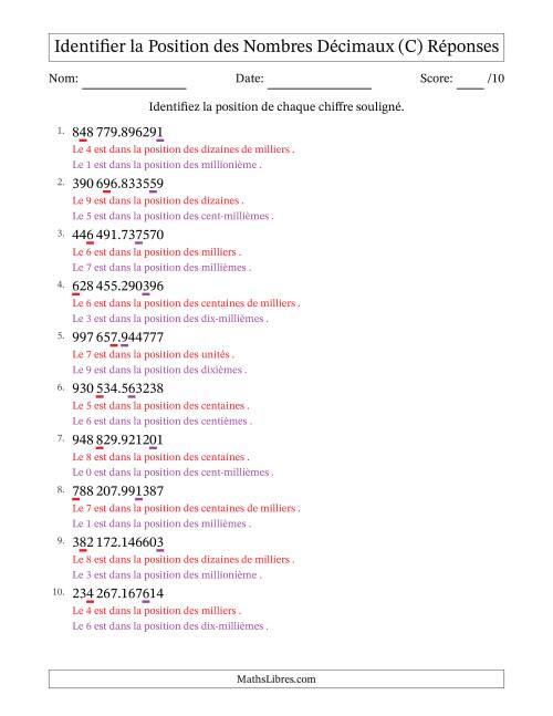 Identifier la position, des Nombres Décimaux de Millionième aux Centaines De Milliers, Format SI (C) page 2