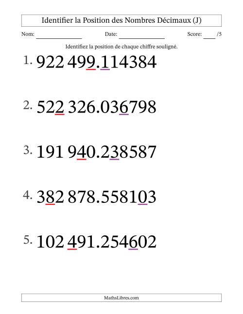 Identifier la position, des Nombres Décimaux de Millionième aux Centaines De Milliers (Gros Caractères), Format SI (J)