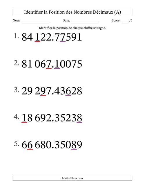 Identifier la position, des Nombres Décimaux de Cent-Millièmes aux Dizaines De Milliers (Gros Caractères), Format SI (A)