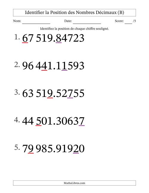 Identifier la position, des Nombres Décimaux de Cent-Millièmes aux Dizaines De Milliers (Gros Caractères), Format SI (B)