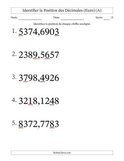 Identifier la position, des Nombres Décimaux de Dix-Millièmes aux Milliers (Gros Caractères), Format Euro