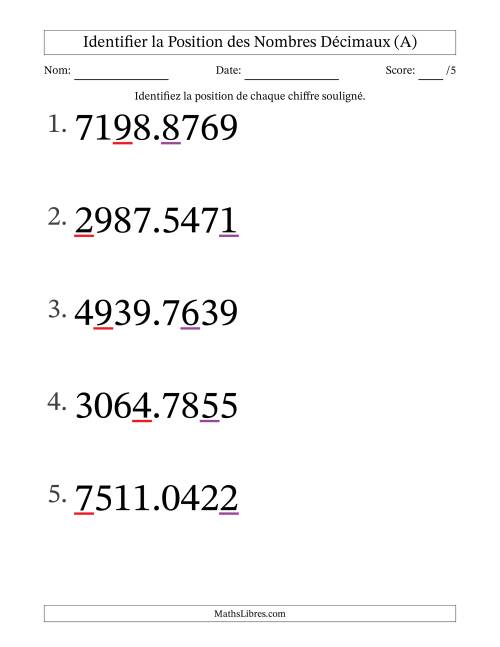 Identifier la position, des Nombres Décimaux de Dix-Millièmes aux Milliers (Gros Caractères), Format SI (A)