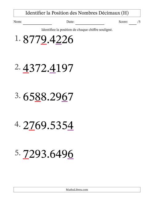 Identifier la position, des Nombres Décimaux de Dix-Millièmes aux Milliers (Gros Caractères), Format SI (H)