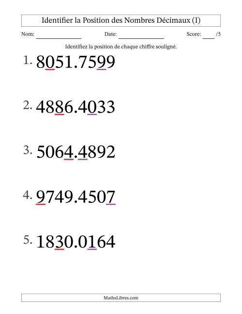 Identifier la position, des Nombres Décimaux de Dix-Millièmes aux Milliers (Gros Caractères), Format SI (I)