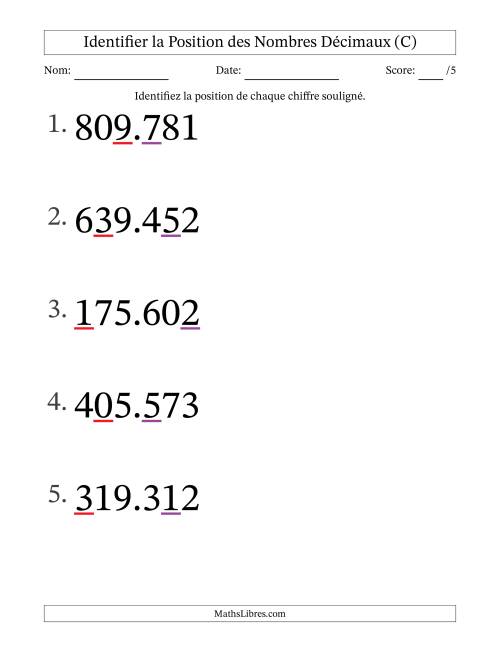 Identifier la position, des Nombres Décimaux de Millièmes aux Centaines (Gros Caractères), Format SI (C)