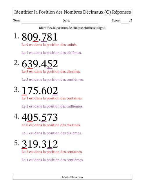 Identifier la position, des Nombres Décimaux de Millièmes aux Centaines (Gros Caractères), Format SI (C) page 2