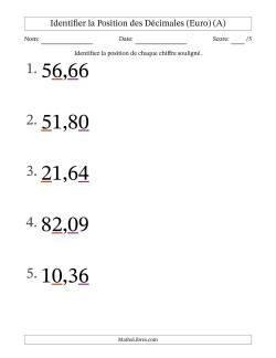 Identifier la position, des Nombres Décimaux de Centièmes aux Dizaines (Gros Caractères), Format Euro
