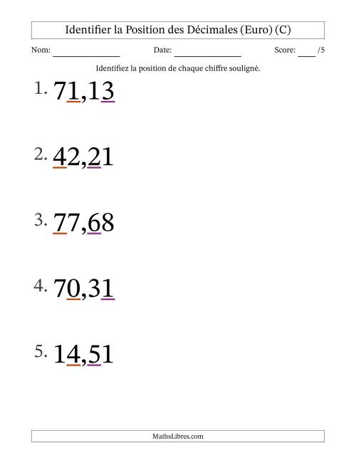 Identifier la position, des Nombres Décimaux de Centièmes aux Dizaines (Gros Caractères), Format Euro (C)