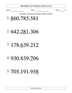 Identifier la position, de Unités aux Centaines De Millions (Gros Caractères), Format Euro