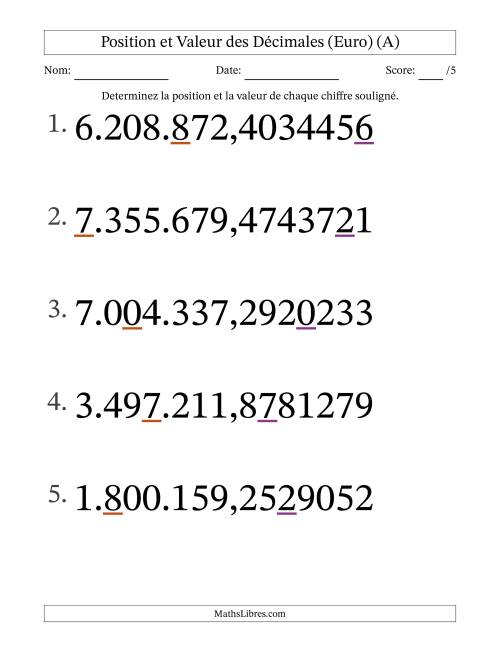 Determiner la position et la valeur des Nombres Décimaux de Dix-Millionième aux Millions (Gros Caractères), Format Euro (A)