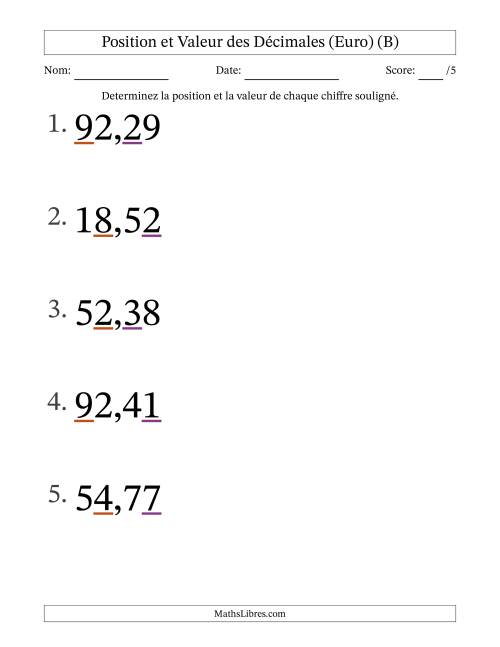 Determiner la position et la valeur des Nombres Décimaux de Centièmes aux Dizaines (Gros Caractères), Format Euro (B)