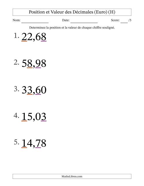 Determiner la position et la valeur des Nombres Décimaux de Centièmes aux Dizaines (Gros Caractères), Format Euro (H)