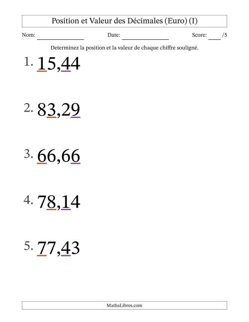 Determiner la position et la valeur des Nombres Décimaux de Centièmes aux Dizaines (Gros Caractères), Format Euro (I)